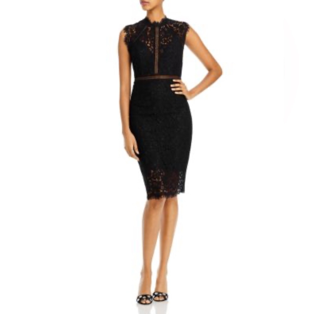 Elegant Bardot Black Lace Sheath Dress size 8